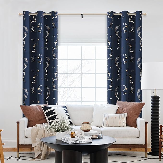 BUHUA Blackout Curtains Gold Foil Print Flower Vine Grommet Drapes, Room - Image 6