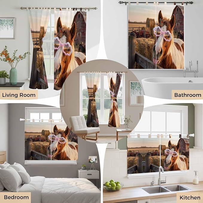 Farm Horses Kitchen Curtains 24 Inch Length, Small Window Curtains Tab Top - Image 7