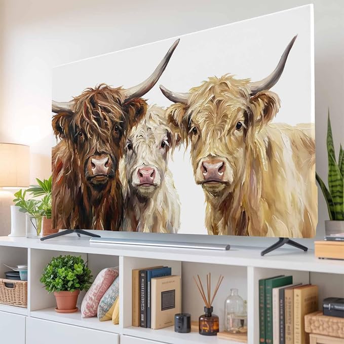 Farmhouse Highland Cows Indoor TV Cover, Elastic TV Screen Protector Watercolor by Unknown