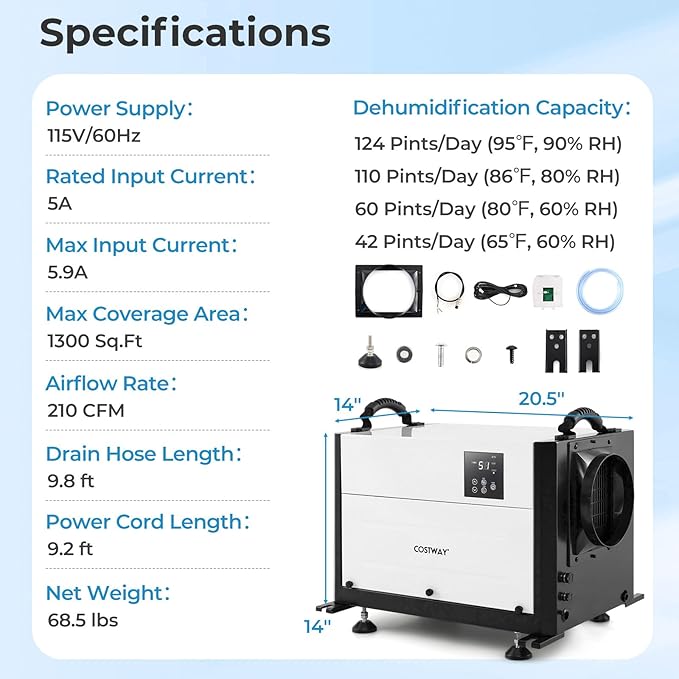 COSTWAY 124 PPD Commercial Dehumidifier, 1300 Sq.Ft Crawl Space Dehumidifier - Image 7