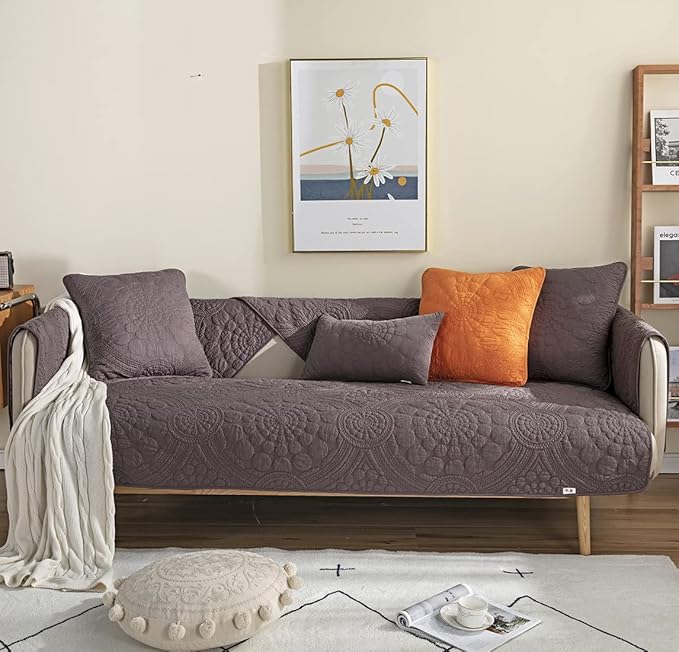 vctops Boho Circle Embroidery Couch Sofa Cover Solid Color Cotton Quilted - Image 2