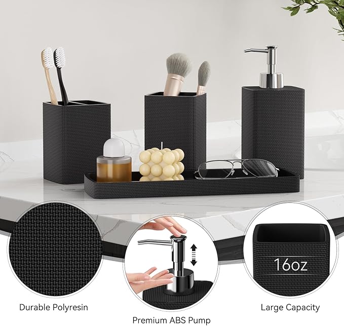 Black Bathroom Sets, Natural Loofah Sponge, Soap Dispenser, Toothbrush Holder - Image 3