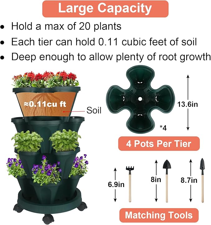 GameXcel Vertical Planter 4 Tier Stackable Planters Garden Planters Strawberry - Image 5