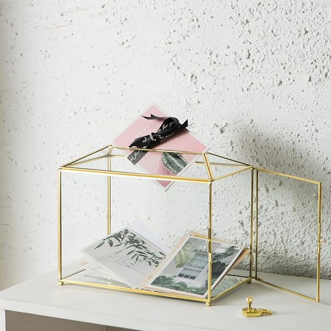 Glass Wedding Card Box with Slot, Large Clear Card Box 10.2 inch Gold Brass - Image 2
