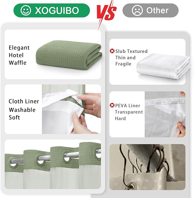 No Hook Shower Curtain and Liner Set, Sage Green Hotel Waffle Shower Curtain - Image 5