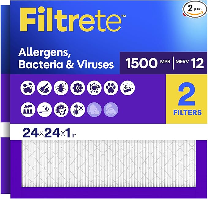 Filtrete 24x24x1 Air Filter, MERV 12, MPR 1500, Bacteria & Viruses, 3-Month AC by Unknown