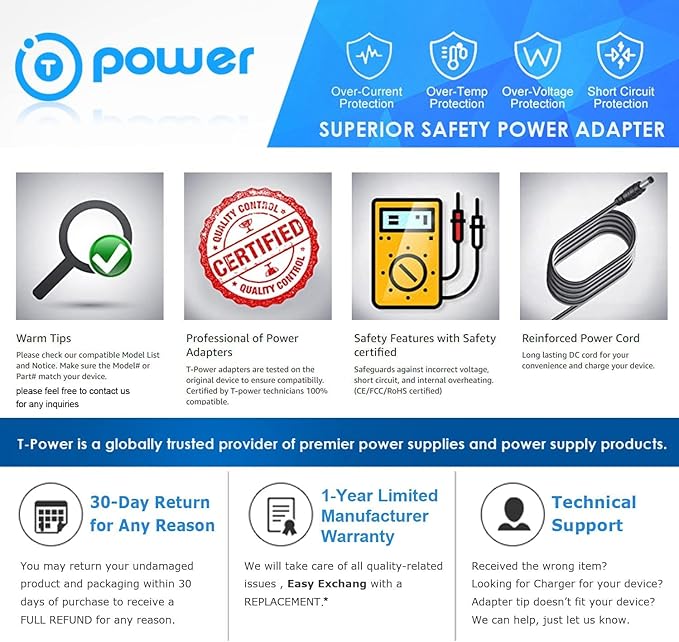 T-Power 6.6ft Long Cable Ac Dc Adapter - Image 3