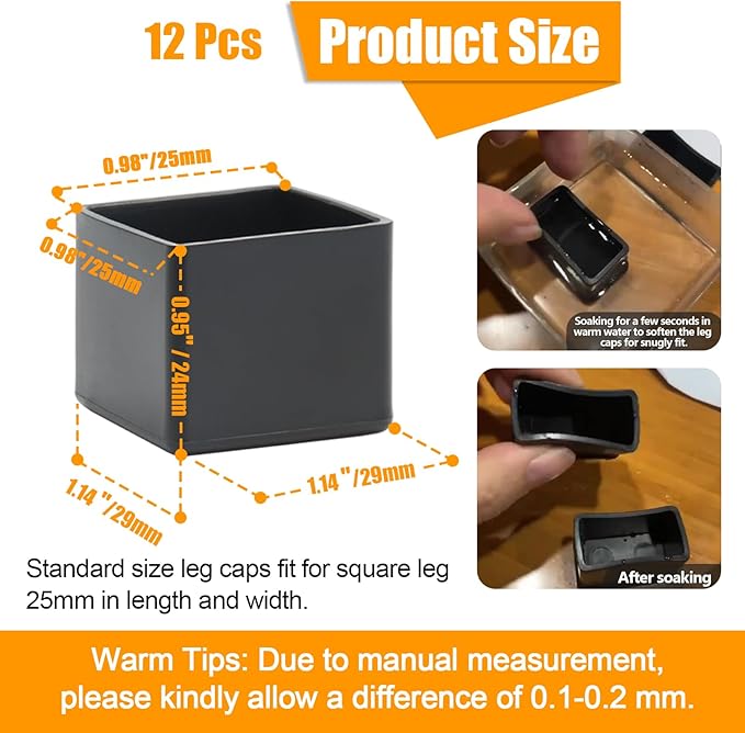 12PCS Square Rubber Furniture Leg Caps 1 Inch x 1 Inch Square Chair Leg Caps - Image 2
