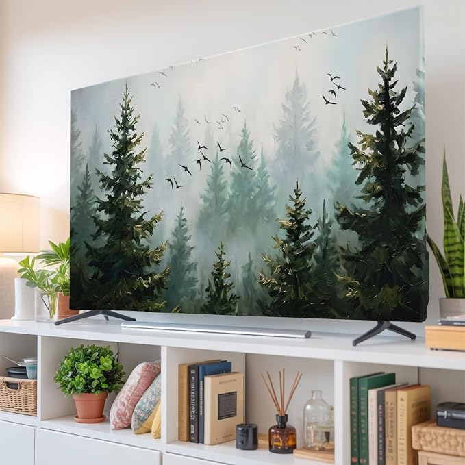 Misty Forest Green Indoor TV Cover, Elastic TV Screen Protector Bird Jungle by Unknown