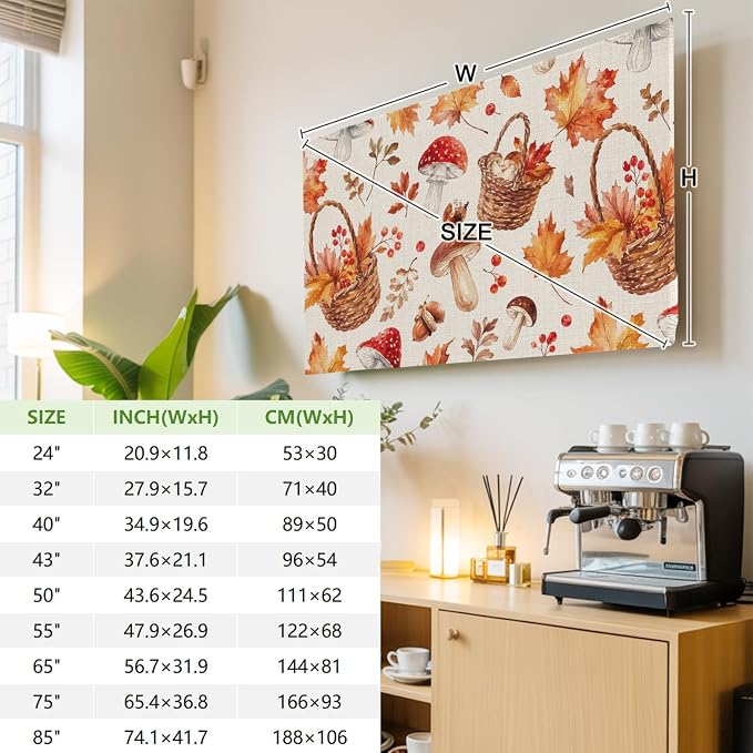Watercolor Maple Leaves Mushroom Indoor TV Cover, Elastic TV Screen Protector - Image 4