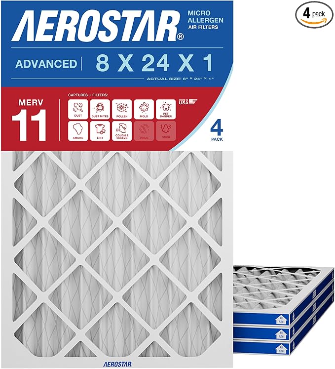 Aerostar 8x24x1 MERV 11 High Efficiency Pleated Air Filter, Electrostatic AC by AirFiltersDelivered