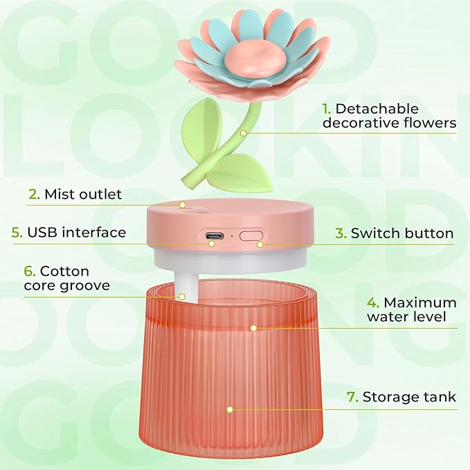Cute Flower Mini Humidifier, 260ml Sunflower Portable Small Humidifier - Image 6