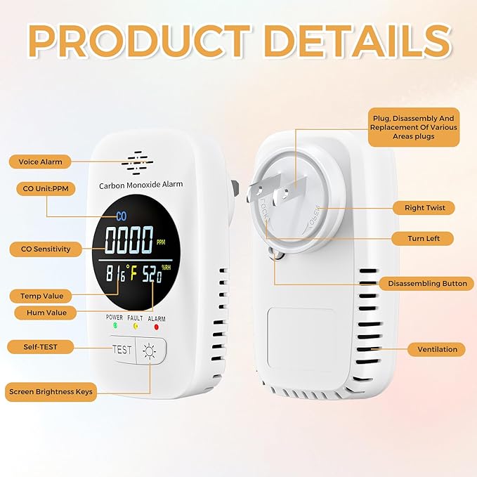 Carbon Monoxide Detector with Loud Voice Alarm, 3-in-1 CO Gas Monitor with - Image 3