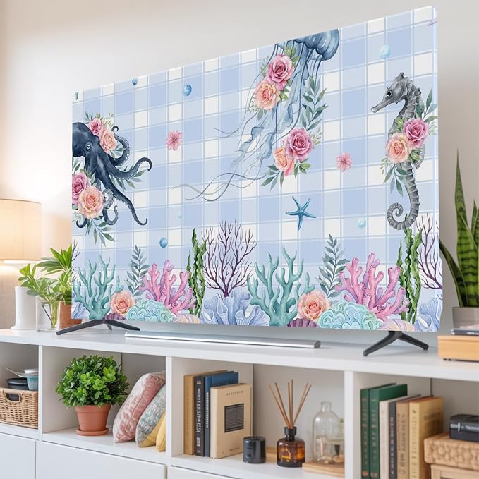 Ocean Jellyfish Seahorse Octopus Indoor TV Cover, Elastic TV Screen Protector by Unknown