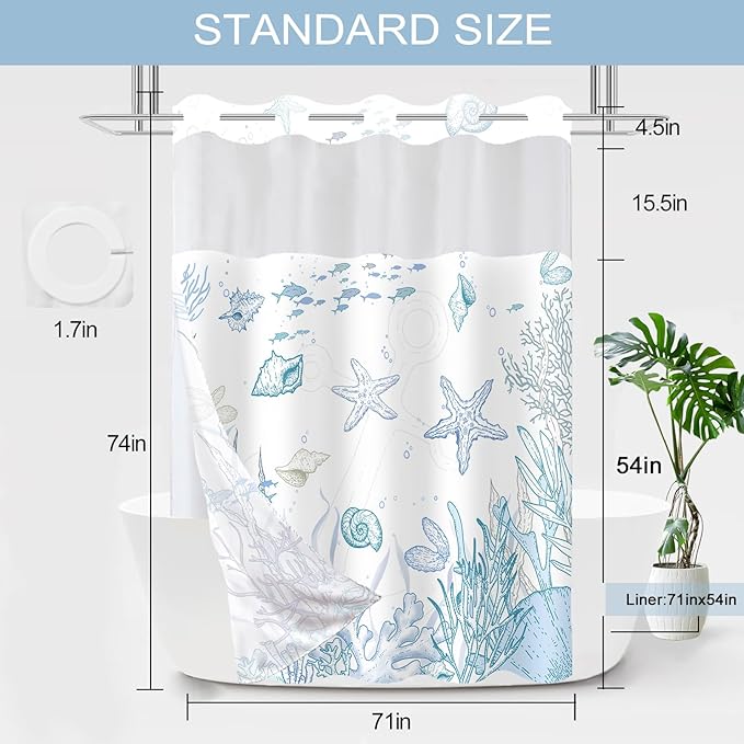 No Hook Shower Curtain with Snap in Liner, Beach Ocean Nautical Coastal Shower - Image 7