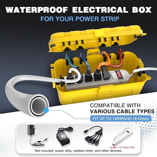 Flemoon Medium Outdoor Electrical Box, IP54 Waterproof Extension Cord Cover w/6 - Image 2