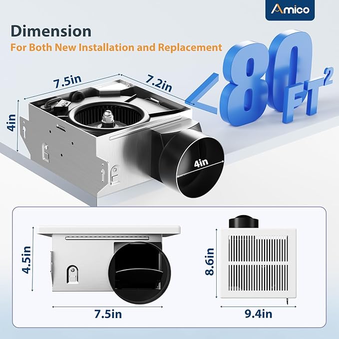 Amico Bathroom Exhaust Fan, 1.0 Sones, 80 CFM, Low Noise, Ceiling Mounted - Image 2