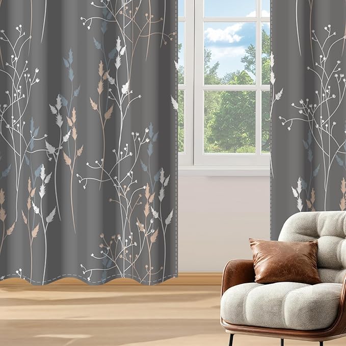 Gray-Blue Leaves Blackout Curtains 63 Inch Length, Room Darkening Curtains - Image 9