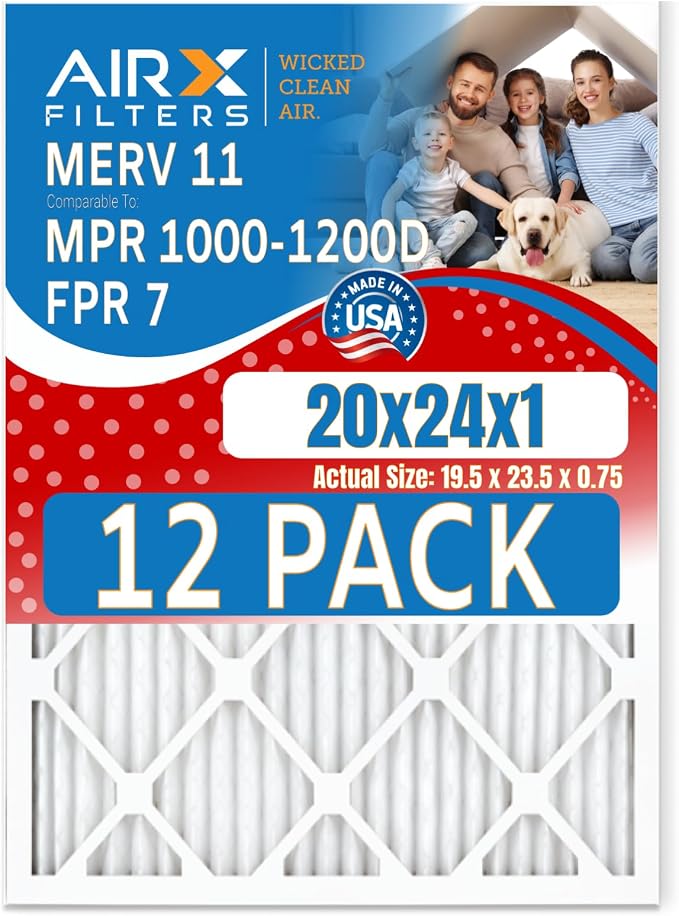 20x24x1 Air Filter MERV 11 Rating, 12 Pack of Furnace Filters Comparable to MPR by AIRXFILTERSWICKEDCLEANAIR