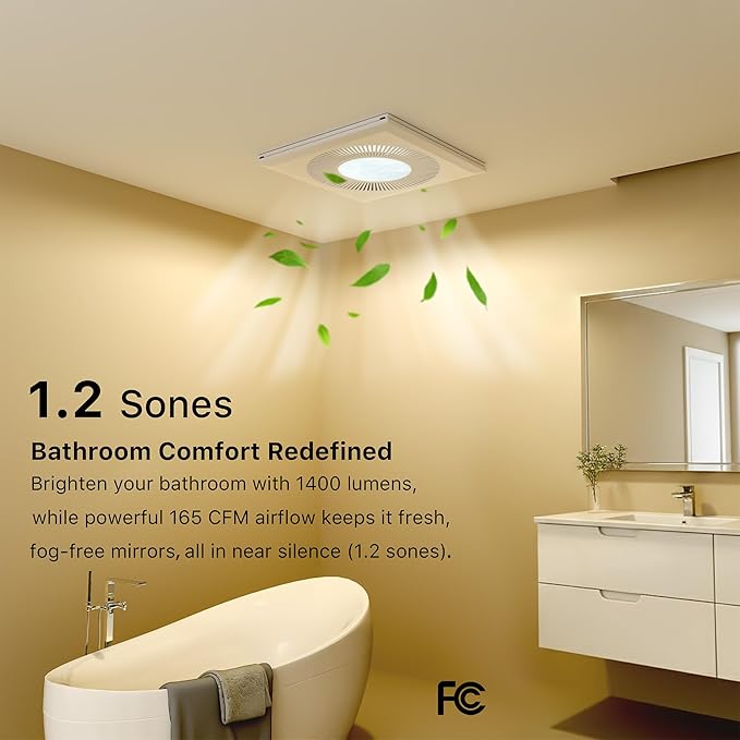 Bathroom Exhaust Fan with Light: 165CFM Shower Bathroom Vent Fan with 11.8IN - Image 3