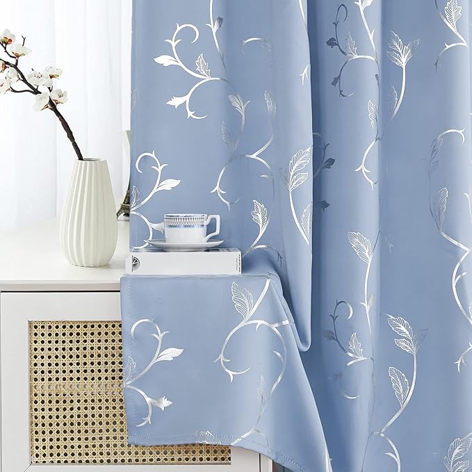 BUHUA Blue Blackout Curtain 2 Panel Set Silver Vine Foil Print Thermal - Image 3