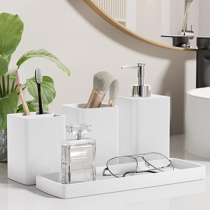 White Bathroom Set, Natural Loofah Sponge, Soap Dispenser, Toothbrush Holder - Image 7