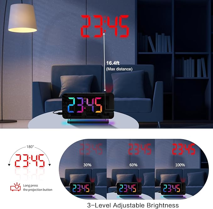 Projection Alarm Clock for Bedroom Ceiling, RGB Digital Clocks Radio - Image 2