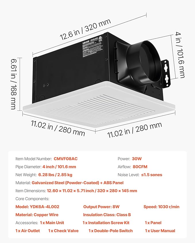 VEVOR Bathroom Exhaust Fan, 80 CFM Bathroom Vent, Premium Motor Ceiling Fan - Image 7