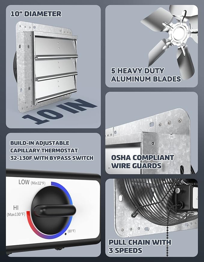iLiving ILG8SF10V-T, 10 inch Shutter Exhaust Attic Garage Grow, Ventilation Fan - Image 5