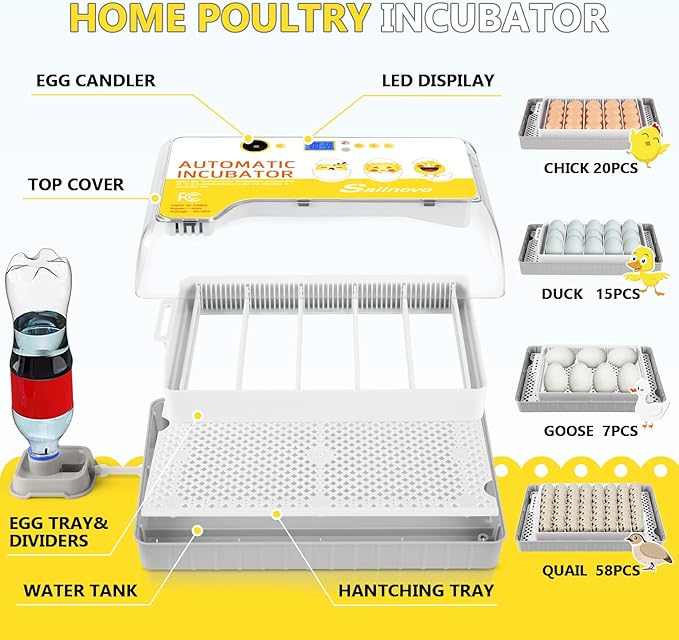 Sailnovo Egg Incubator, 20-60 Eggs Fully Automatic Poultry Hatcher Machine - Image 7