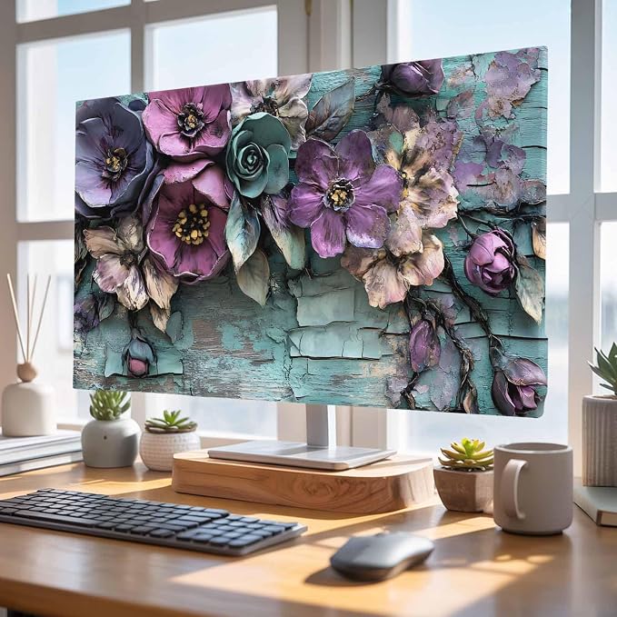 Vintage Flower Teal Mottled Wall Indoor TV Cover, Elastic TV Screen Protector - Image 5
