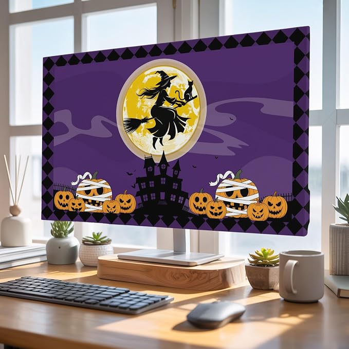 Halloween Full Moon Witch Riding Broom Indoor TV Cover, Elastic TV Screen - Image 5