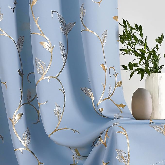BUHUA Blackout Curtains Gold Foil Print Flower Vine Grommet Drapes, Room - Image 3