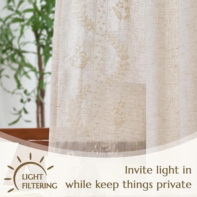 jinchan Belrose Linen Curtains for Bedroom Floral Curtains 72 Inch Length Linen - Image 5