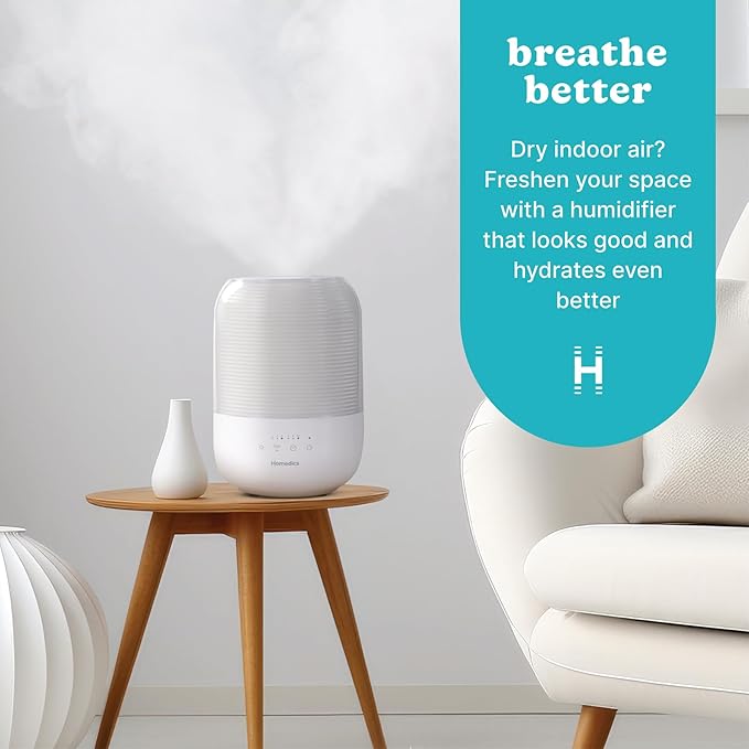 Homedics Ultrasonic Cool Mist Humidifier, Top-Fill 3L Water Tank, Covers 395 - Image 2