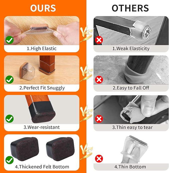 Ezprotekt 24 Pcs Rectangle Black Silicone Chair Leg Floor Protectors Caps - Image 5