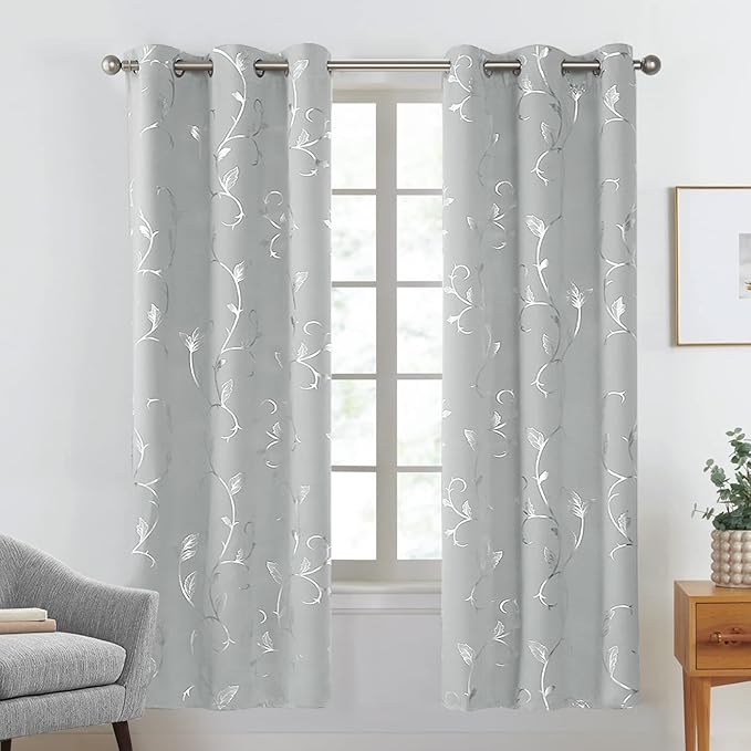 BUHUA Silver Grey Blackout Curtain 2 Panel Set Vine Foil Print Thermal - Image 2