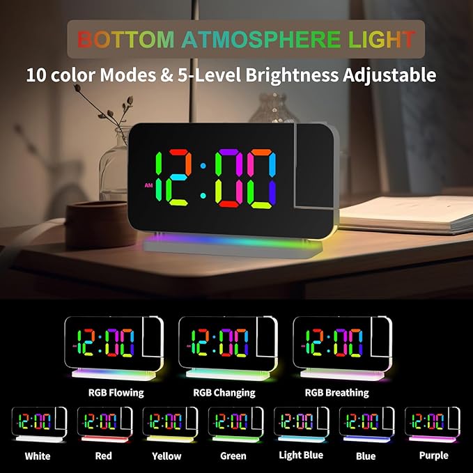 Projection Alarm Clock for Bedroom Ceiling, RGB Digital Clocks - Image 4