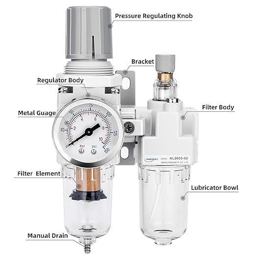 NANPU 1/4" NPT Compressed Air Filter Regulator Lubricator Combo, Water/Oil Trap - Image 2