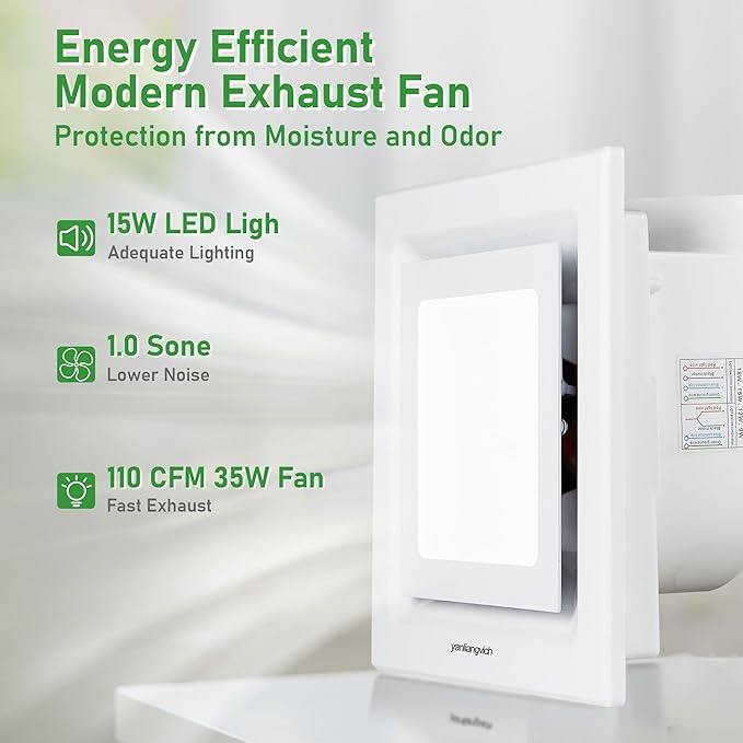 Bathroom Exhaust Fan with Light, 8 Inch Barthroom Ventilation Fan, 110 CFM 1.0 - Image 5