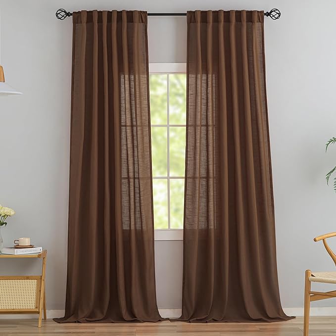 Cocoa Brown Linen Back Tab Curtains 108 Inches Long Ceiling to Floor by DONREN