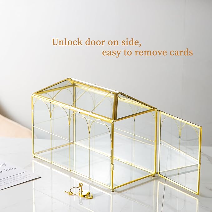 Glass Wedding Card Box with Slot, 12.5'' Large Clear Card Box Gold Brass Gift - Image 4
