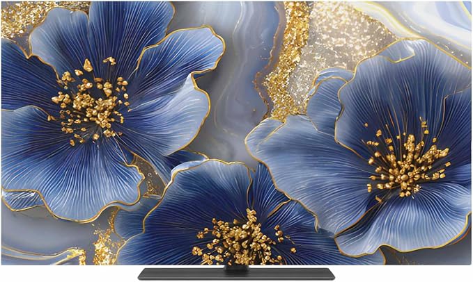 Watercolor Blue Flower Abstract Gold Indoor TV Cover, Elastic TV Screen by Unknown