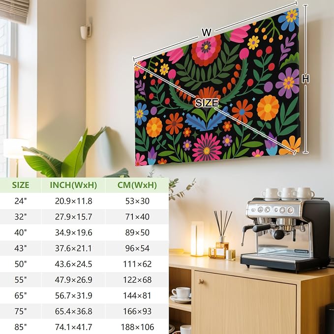 Abstract Boho Flower Floral on Black Indoor TV Cover, Elastic TV Screen - Image 4