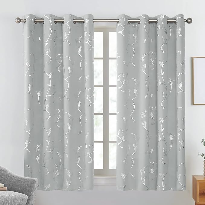 BUHUA Blackout Curtains 63 Inches Long, Vine Foil Print Pattern Room Darkening - Image 2