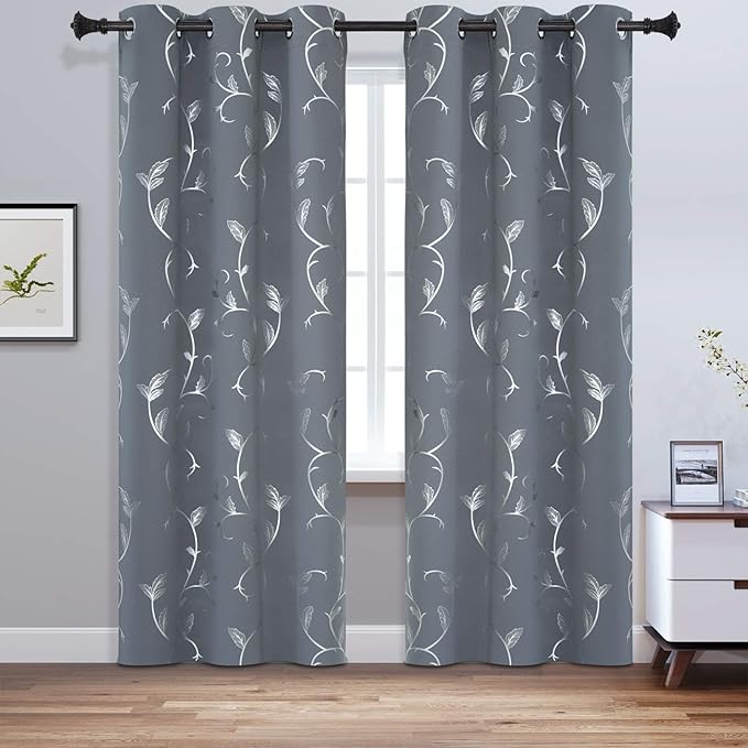 BUHUA Flower Print Blackout Curtains Thermal Insulated Window Curtains Silver - Image 2