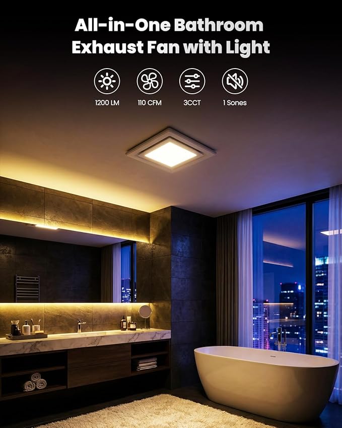 Bathroom Exhaust Fan with Light, 110 CFM 1.0 Sone Quiet Ceiling Mount Exhaust - Image 9