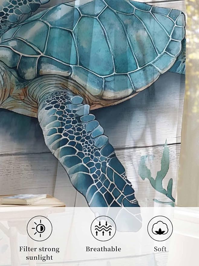 Sheer Curtains 63 Inch Length, Teal Green Sea Turtle Semi Sheer Curtains Light - Image 6