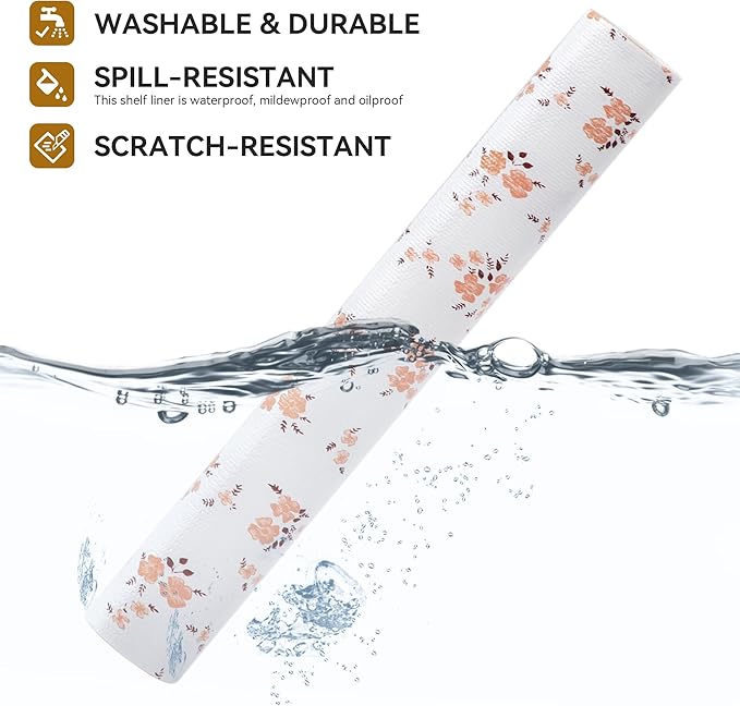 RAY STAR Shelf Liner, Non Adhesive Pink Orange Floral Printed Kitchen Cabinet - Image 2