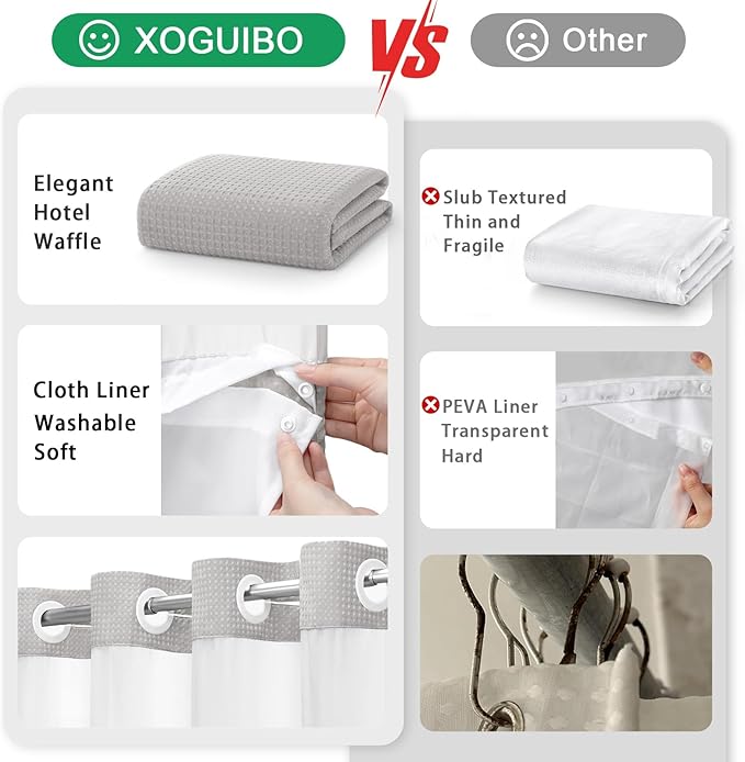 No Hook Shower Curtain and Liner Set, Light Grey Hotel Waffle Shower Curtain - Image 5